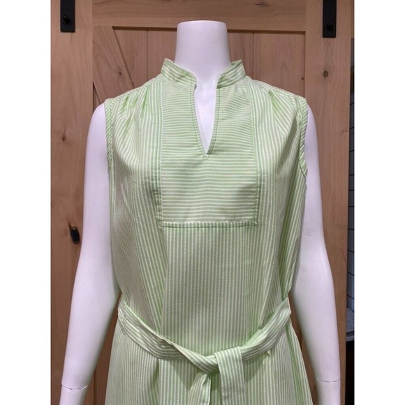 Vintage Seersucker Dress Green White Stripe Belted Sleeveless 18 1/2 - Picture 3 of 12